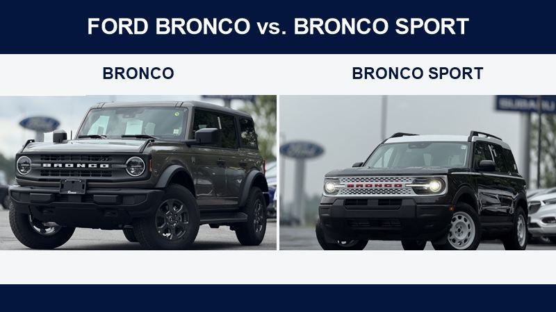 Comparison image showing a 2026 Ford Bronco Big Bend and Bronco Sport Heritage from Romeo Ford of Saratoga’s inventory.